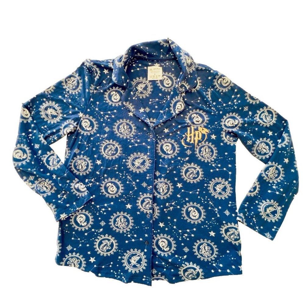 Harry Potter Pajama TOP Sz S/M Blue "Wizarding World" Jersey Gold Hogwarts Magic
